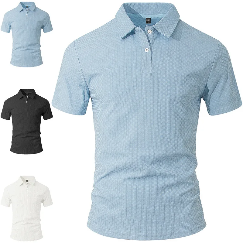 Men Check Textured Short Sleeve Polo Shirt Lapel Collar Button Solid Color Summer Casual Tops