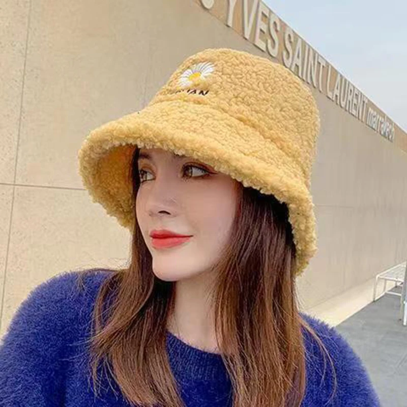 Lamb Faux Bucket Hat Winter Warm Plush Velvet Hats For Women Lady Thicken Bob Panama Outdoor Fisherman Hat Caps