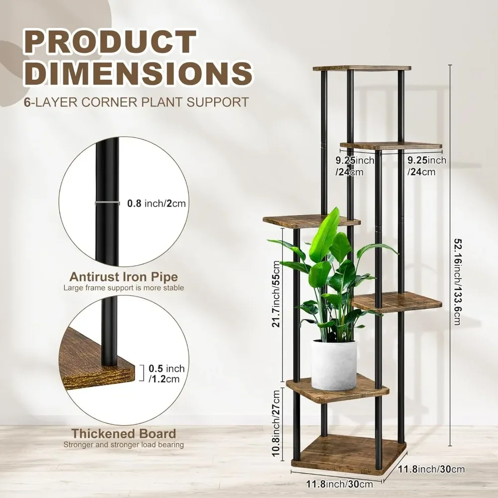 6 Tier Wood Tall Plant Stand Metal Rack Indoor, Multiple Flower Pot Holder Shelves Corner Rack, Planter Shelf Display