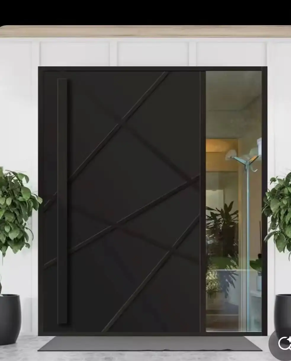 Striped Grey Aluminum Alloy Household Anti Theft Door Equipped Handle Manual Entrance Doors Rainproof Simple Hinged Doors