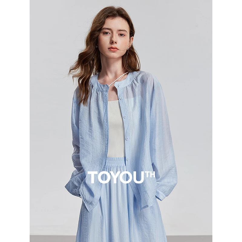 

TOYOUTH Women Blouse Shirt 2025 Spring New Lyocell Round Neck Lightweight See Through Blouse Top Sky Blue