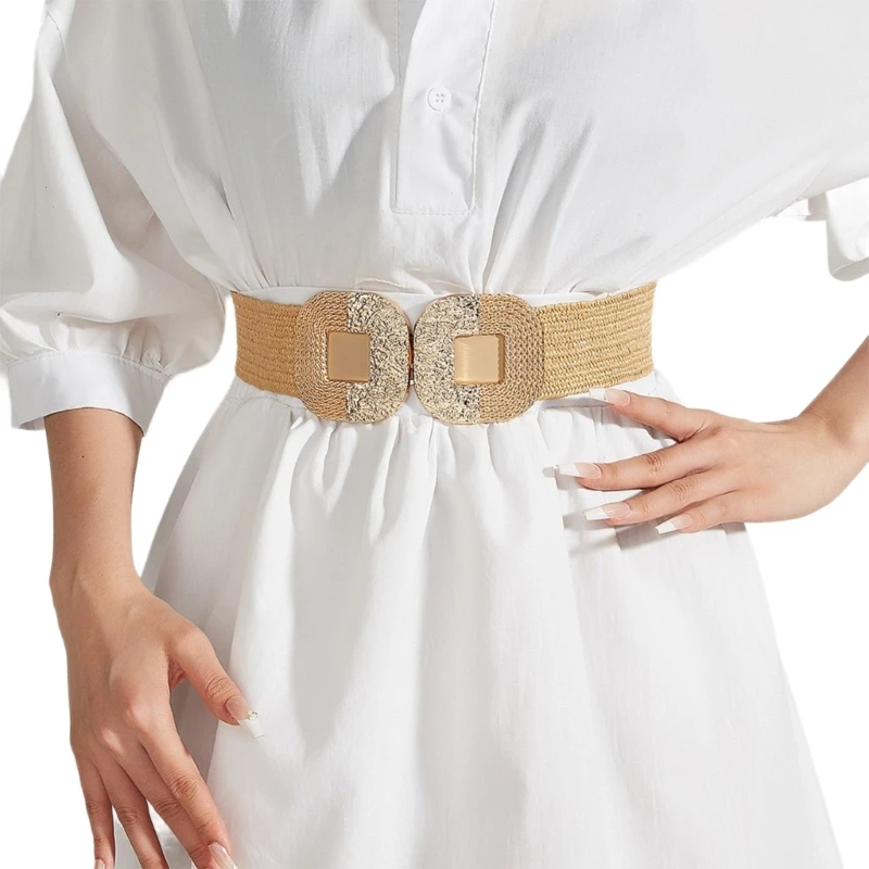 

F42F Lady Bohemian Style Waist Belt Gold Buckle Decors Braided Belt for Banquets Dress Women Beach Getaways Waist Belt