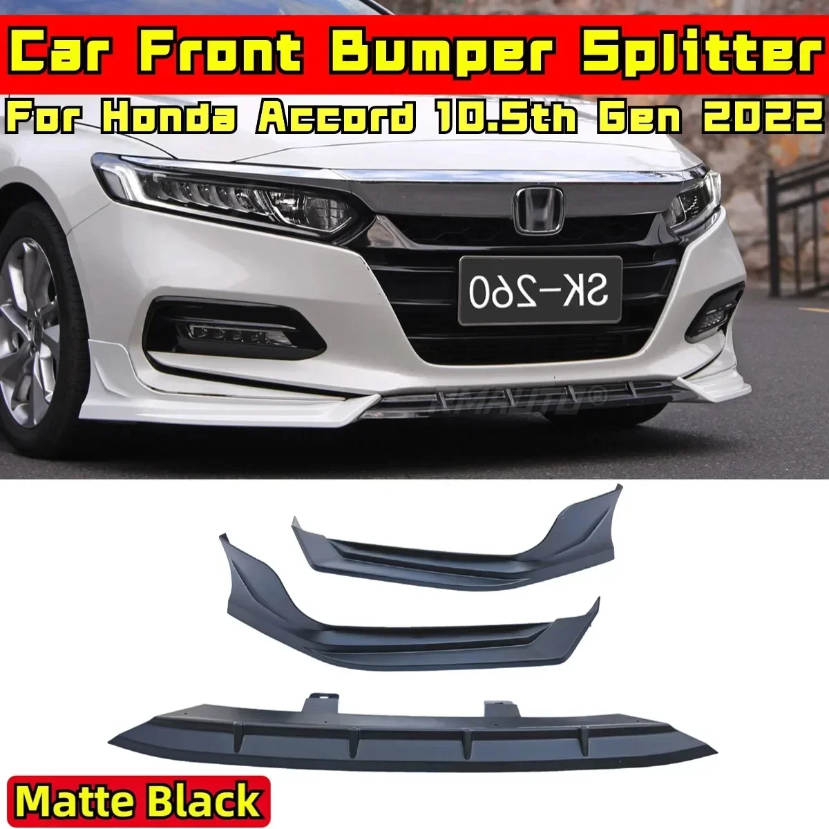 For Honda Accord 10.5th Gen 2022 Body Kit Front Bumper Splitter Glossy Black SK-260 Style Front Bumper Diffuser Car Accessories