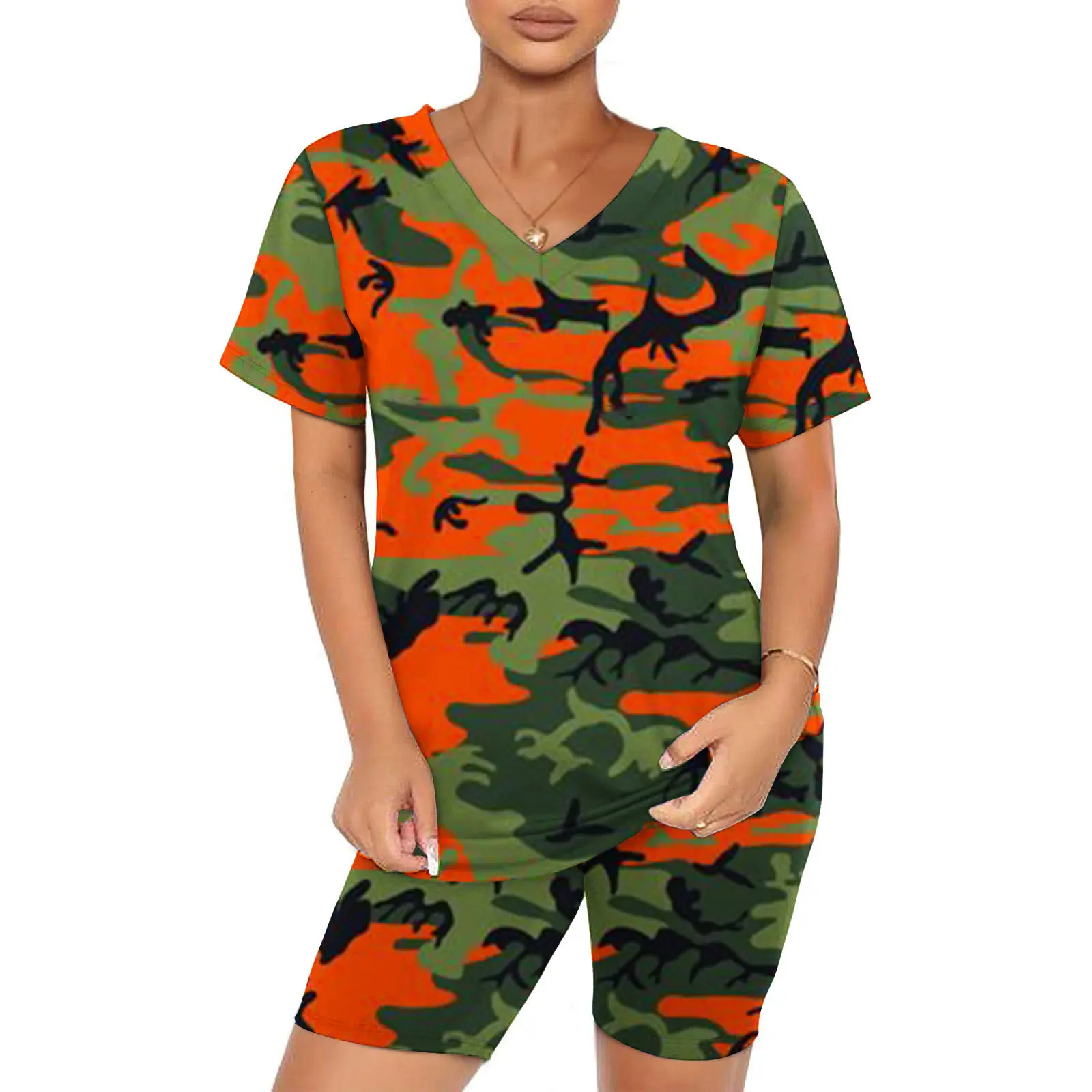 2023 Summer Fashion New Casual Camouflage Short Sleeve V-Neck Top and Shorts Set