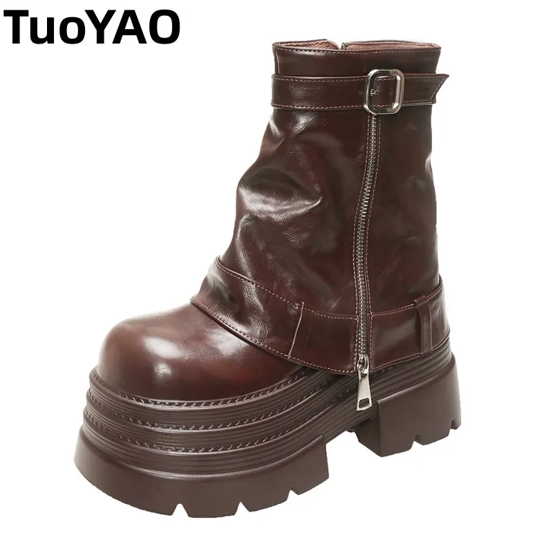 

Women's Autumn Winter Leather Ankle Boots 10CM Heels Chunky Platform Combat Boots New Non Slip Motorcycle Shoes Woman Punk Boots