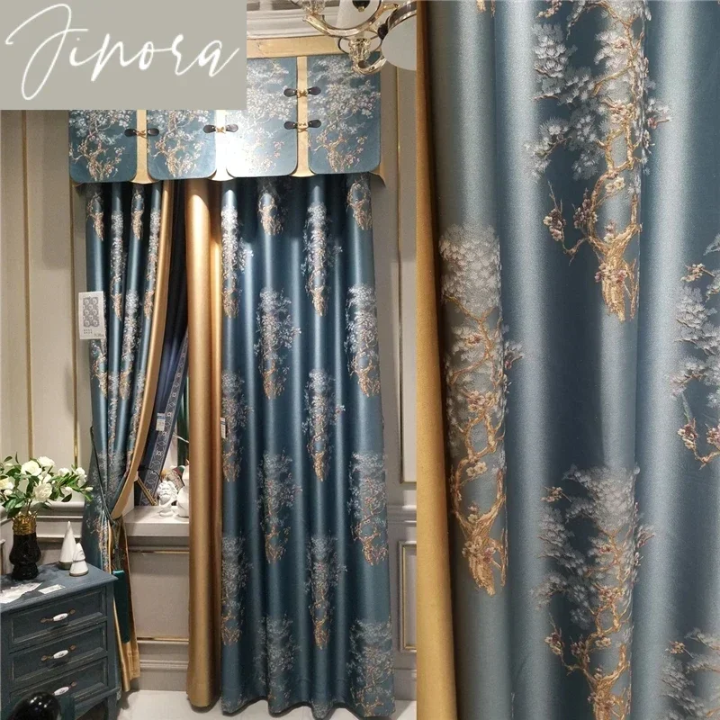European Luxury Embroidered Blue Jacquard Curtains for Living Room Bedroom High-end Blackout Curtain Voile Customized Decoration