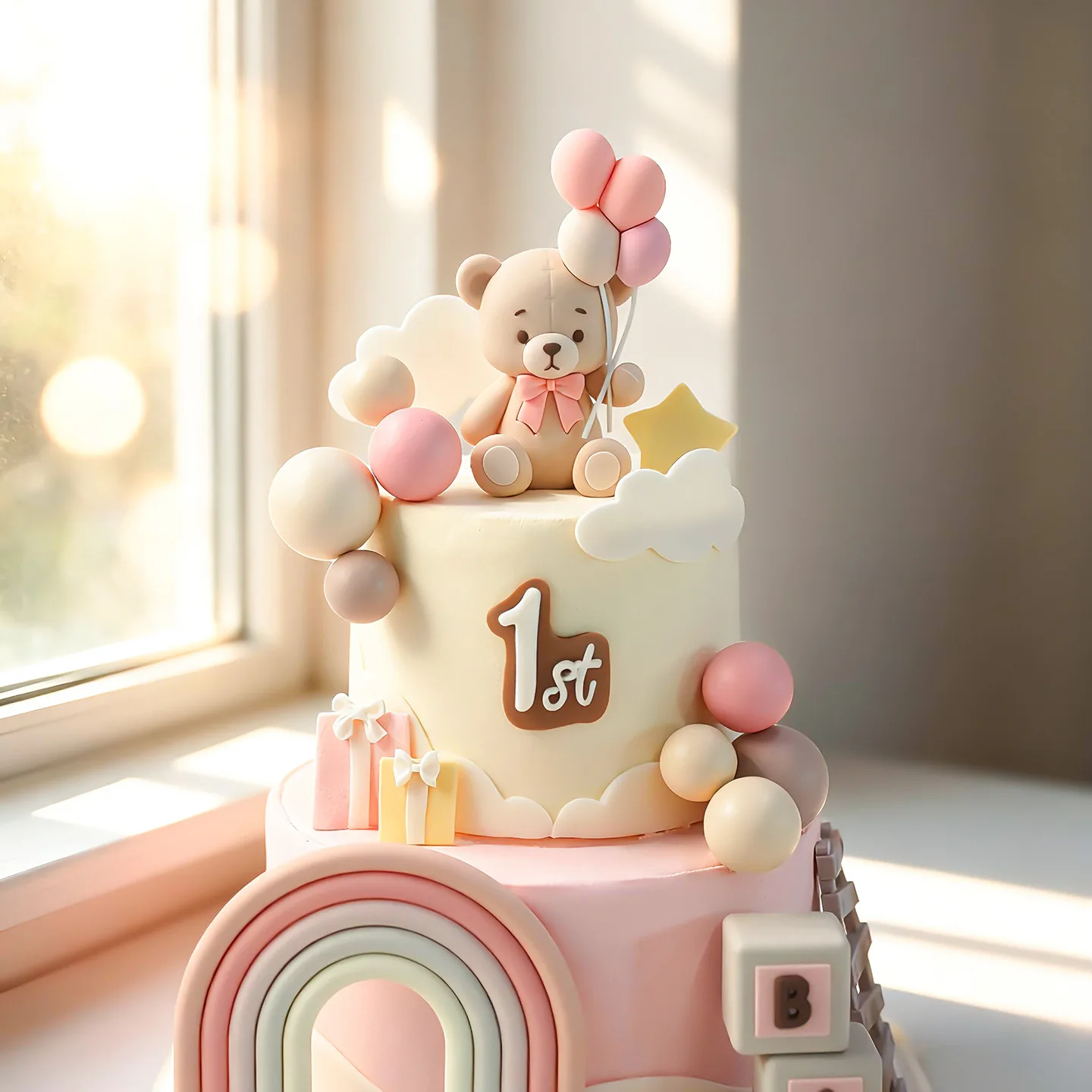 Bären-Kuchendekoration Babybär mit Ballon-Wolke Kuchenaufsatz Rosa Schleife Bär Regenbogen Kuchendeko für Geburtstag Babyparty – Detail 6