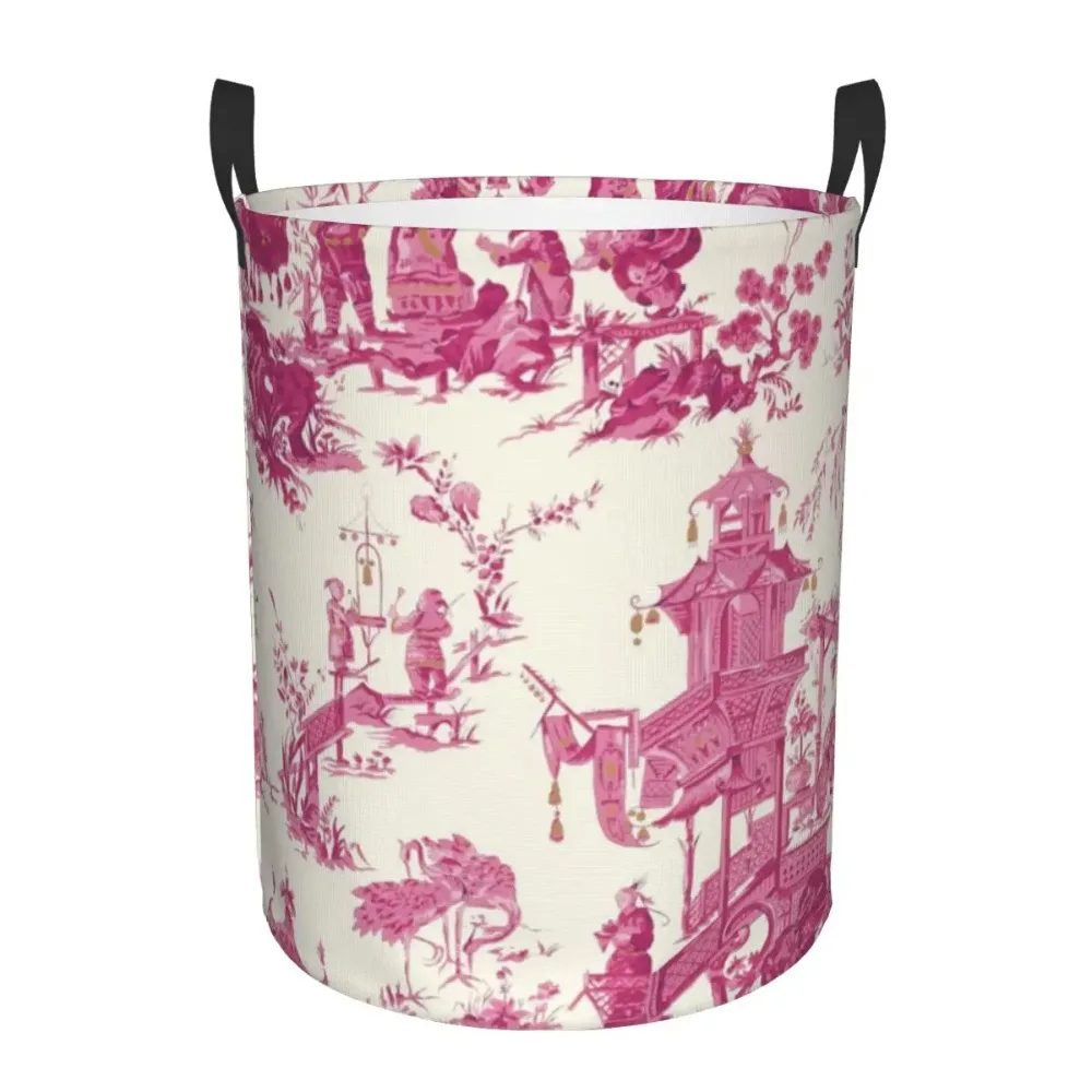 Pink Chinoiserie Tea House Pagoda Laundry Basket Collapsible Chinese Floral Clothes Hamper For Baby Kids Toys Storage Bin