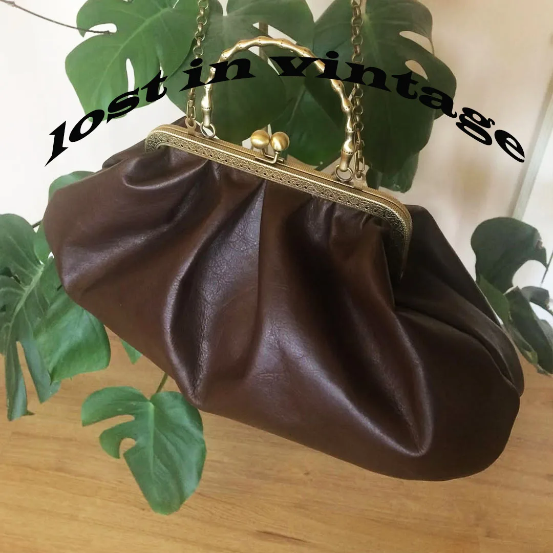 Lost in Vintage Leather Tailored Brown Leather Bag Antique Tongues with Handles Metal Frame Kiss Lock Purse 35x20x10cm Canta