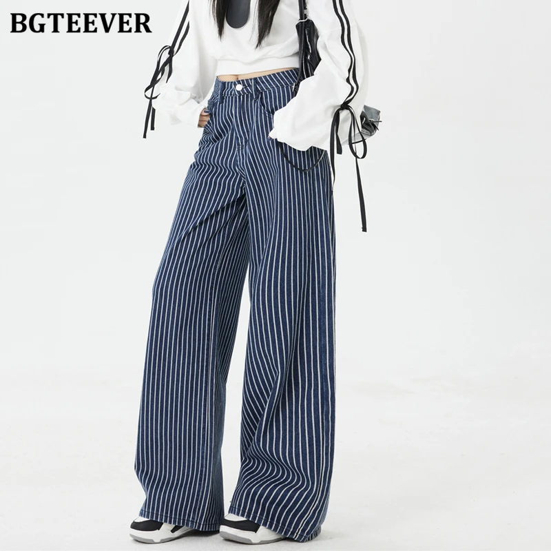 BGTEEVER Vintage Single Button Striped Jeans Trousers for Women Stylish Female Wide Leg Denim Pants