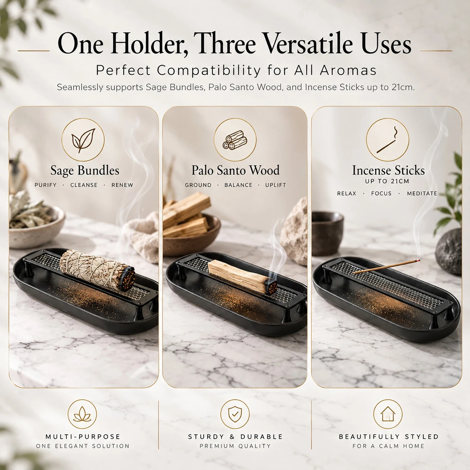 3 in 1 Incense Holder Metal Sage Holder Burner Palo Santo Holder  with Ceramic Ash Catcher Tray for Meditation Yoga Spa
