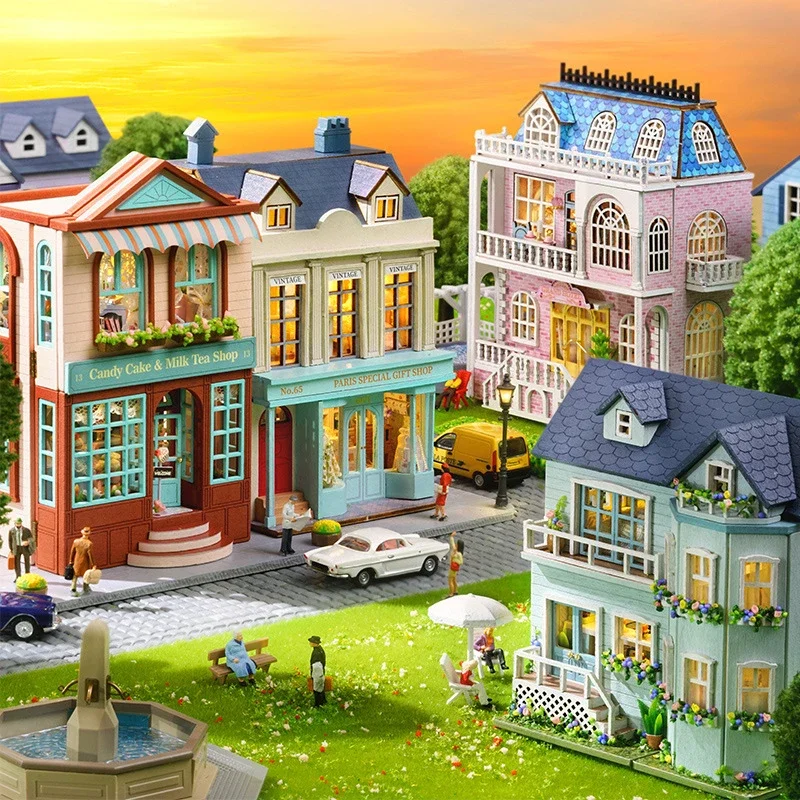 ภาพเคลื่อนไหวการ์ตูน DIY House Handmade Mini House Street View อาคารไม้ของเล่นฉากขนาดเล็กของขวัญวันเกิดอุปกรณ์ต่อพ่วง