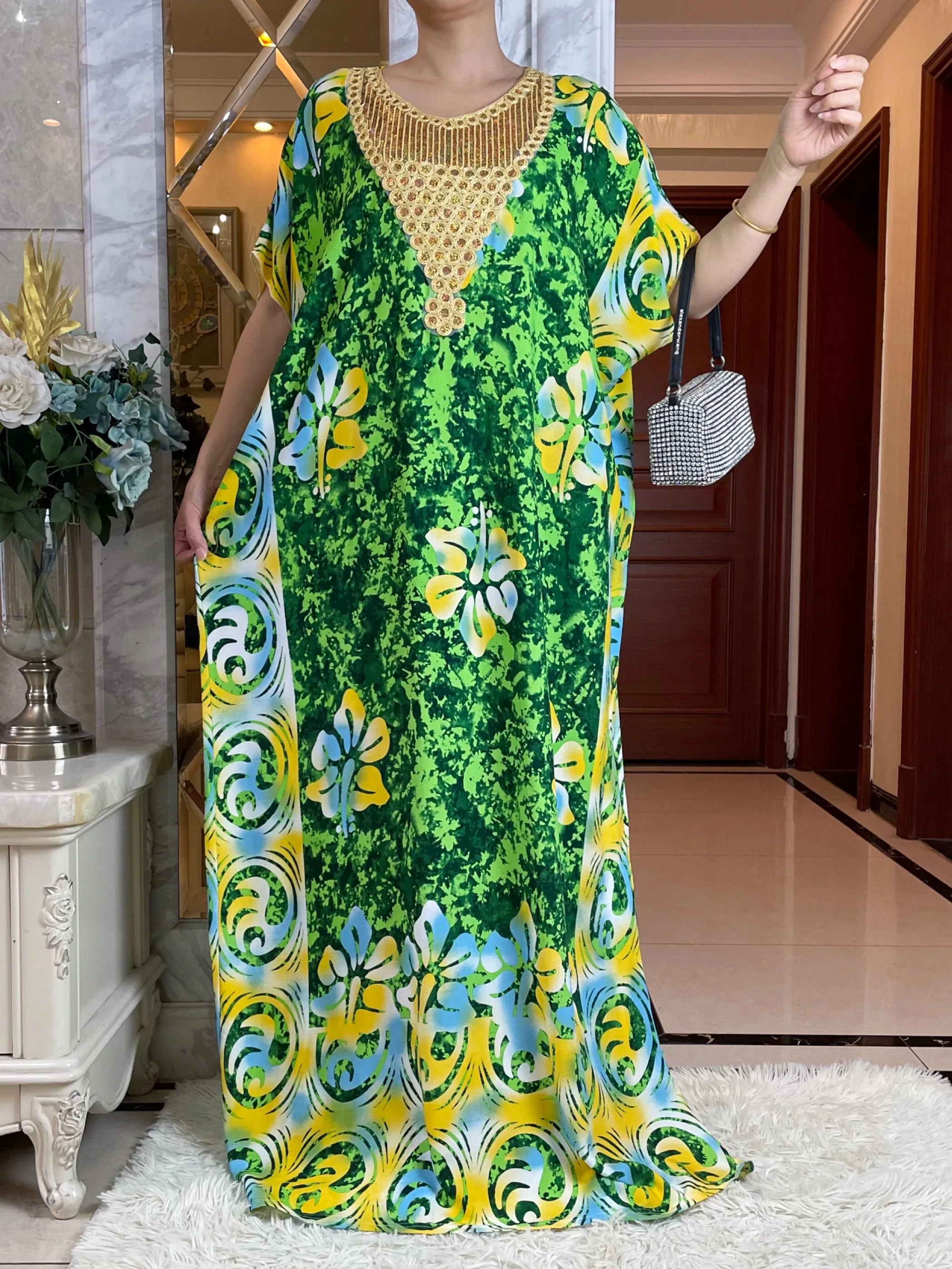 2024 Dubai Muslim Cotton Dress With Big Scarf For Women Loose Maxi  Robe Femme Musulmane African Summer Printing Floral Abaya