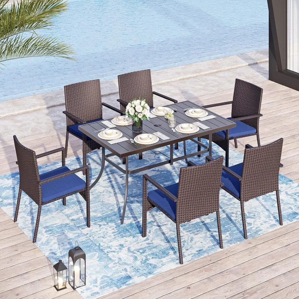 7 Pieces Patio Dining Furniture with 13 Ft Navy Double-Sided Twin Umbrella, Outdoor Rattan Chairs Metal Table Set