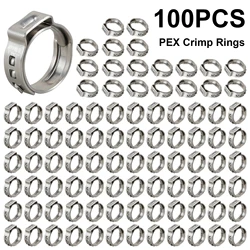 100Pcs 1/2 Inch Single Ear Stepless Hose Clamps 304 Stainless Steel PEX Clamp Clamping Ring Crimping Tool Stepless Hose Clamp