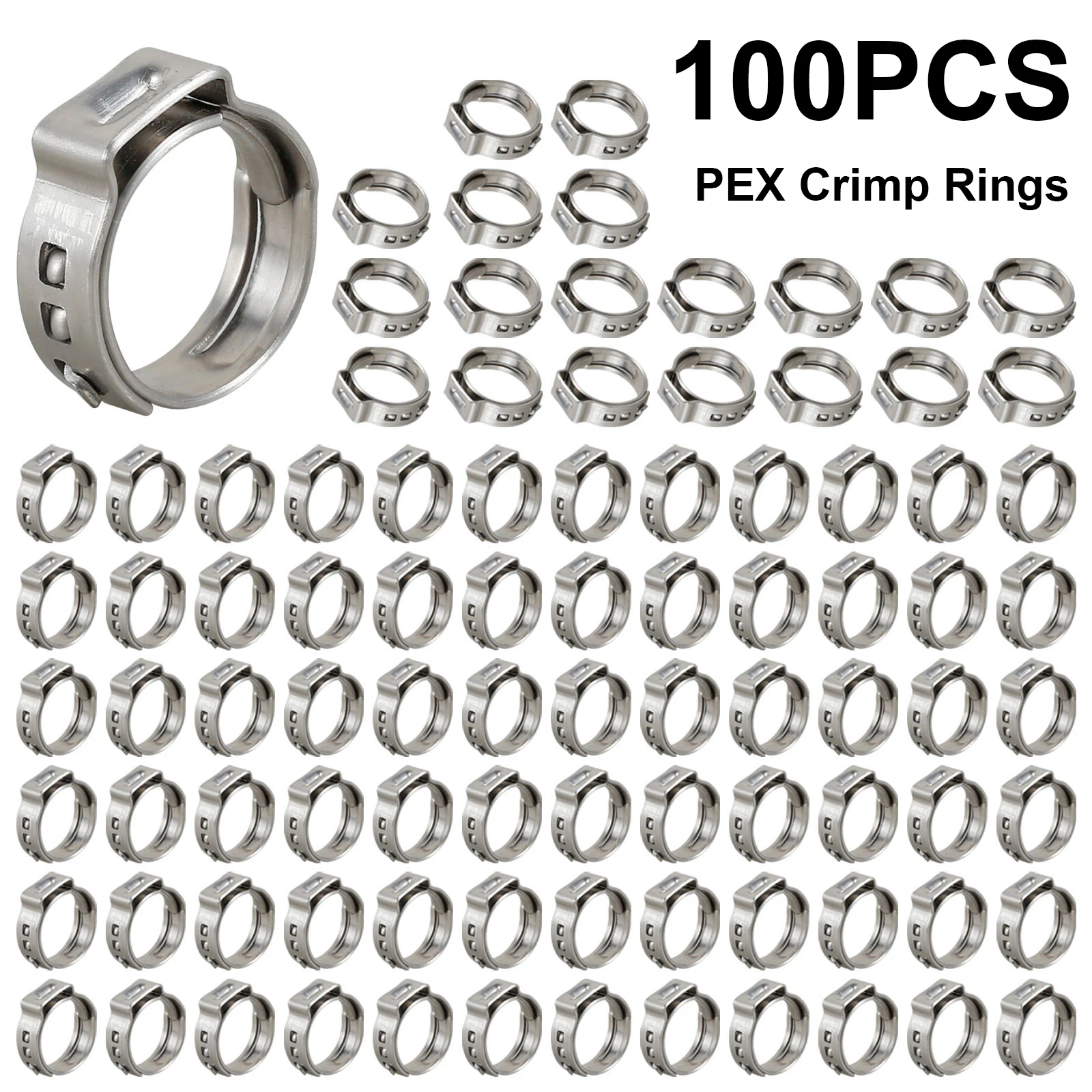 100Pcs 1/2 Inch Single Ear Stepless Hose Clamps 304 Stainless Steel PEX Clamp Clamping Ring Crimping Tool Stepless Hose Clamp