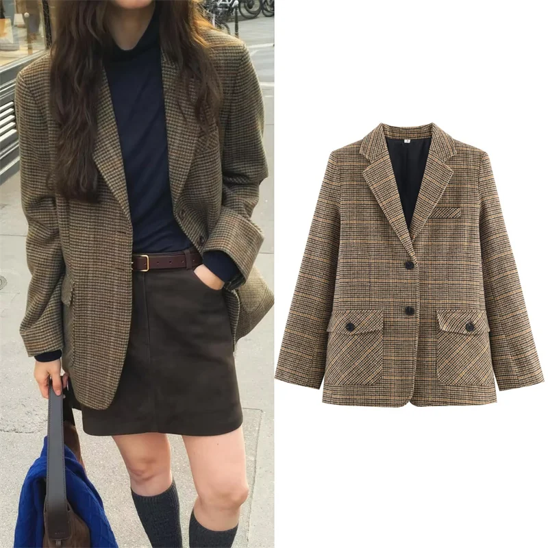 

Women's Coat 2025 Winter New Khaki Houndstooth Pocket-Decorated Loose Blazer Casual Fashion Commuter Style