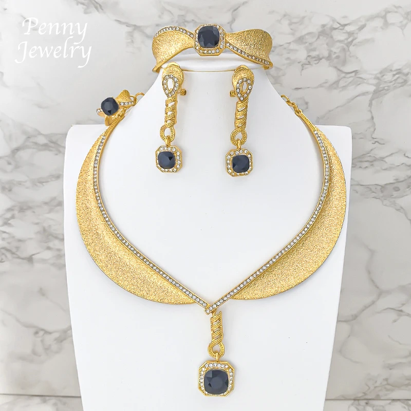 Rhinestone Bohemian Gold Plated 4Pcs Jewelry Set for Women Necklace Drop Earrings Bracelet Ring Bridal Wedding Party Gifts