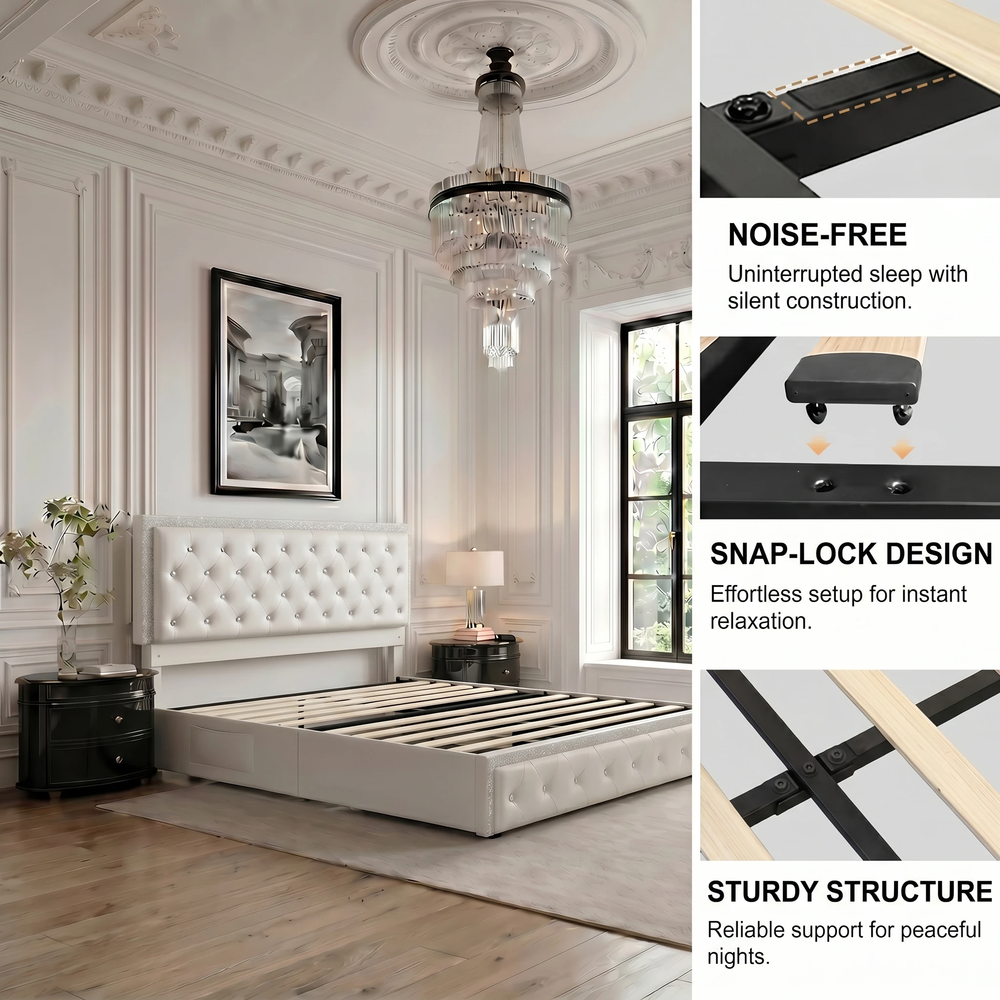 Sibeds Queen Size Bed Frame with LED Lights , King Size with 2 Drawers, Full Bed Crystal Button Tufted Headboard, Solid Slats, Noise Free, No Box Spring Needed, Easy Assembly，PU & Velvet view 4