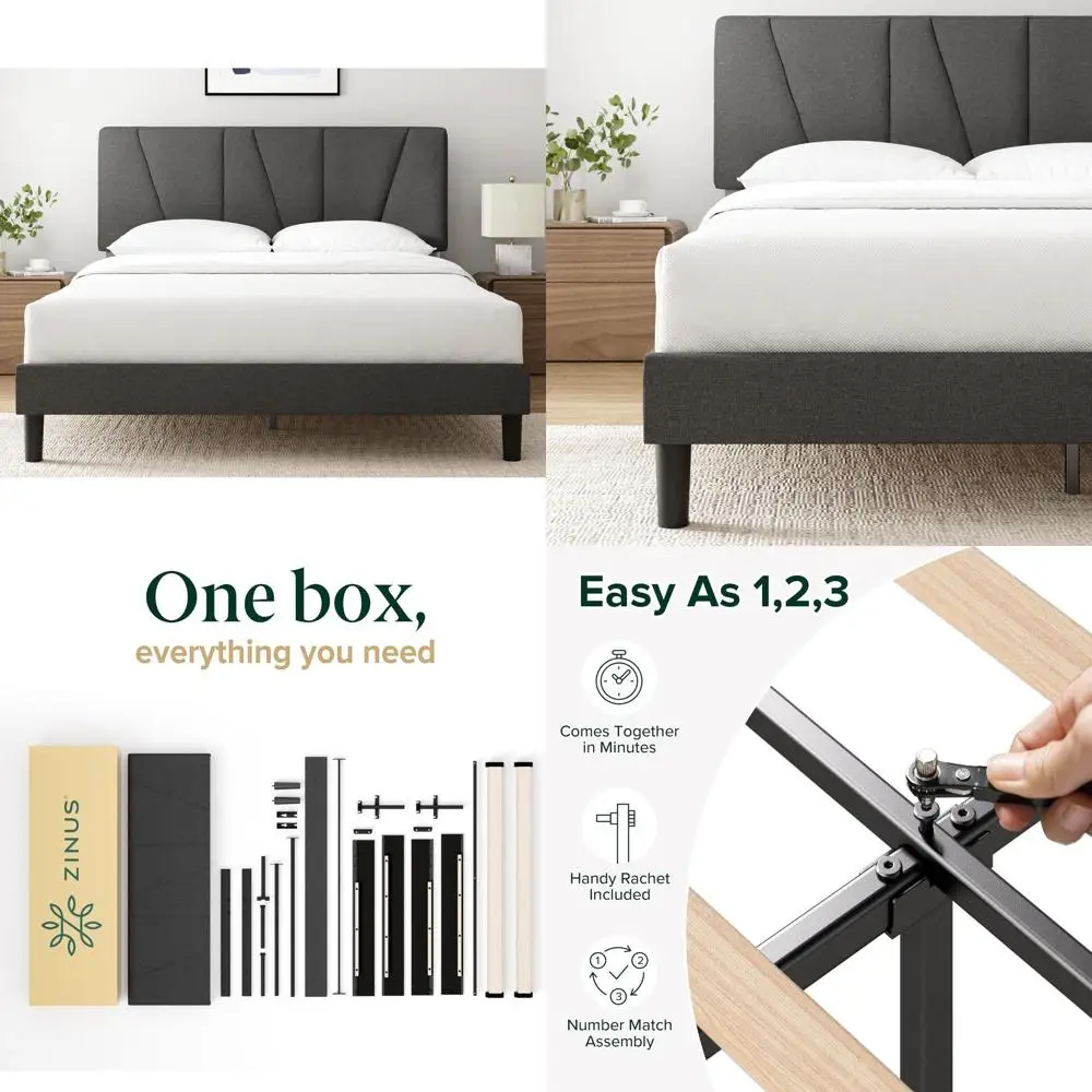 Marco de cama tapizado Queen Size Maya, cabecero asimétrico, listones de madera, resistente, sueño silencioso, sin somier, fácil montaje, E