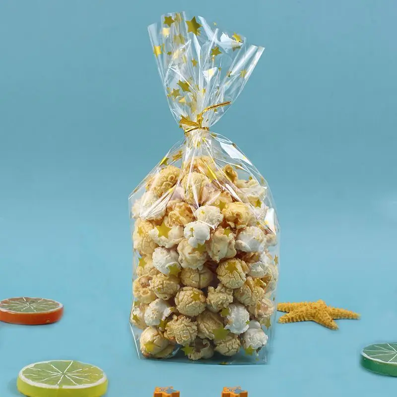 Saco de embalagem de pipoca de torrada de doces transparente de bolso plano dourado personalizado Saco de plástico descartável de qualidade alimentar