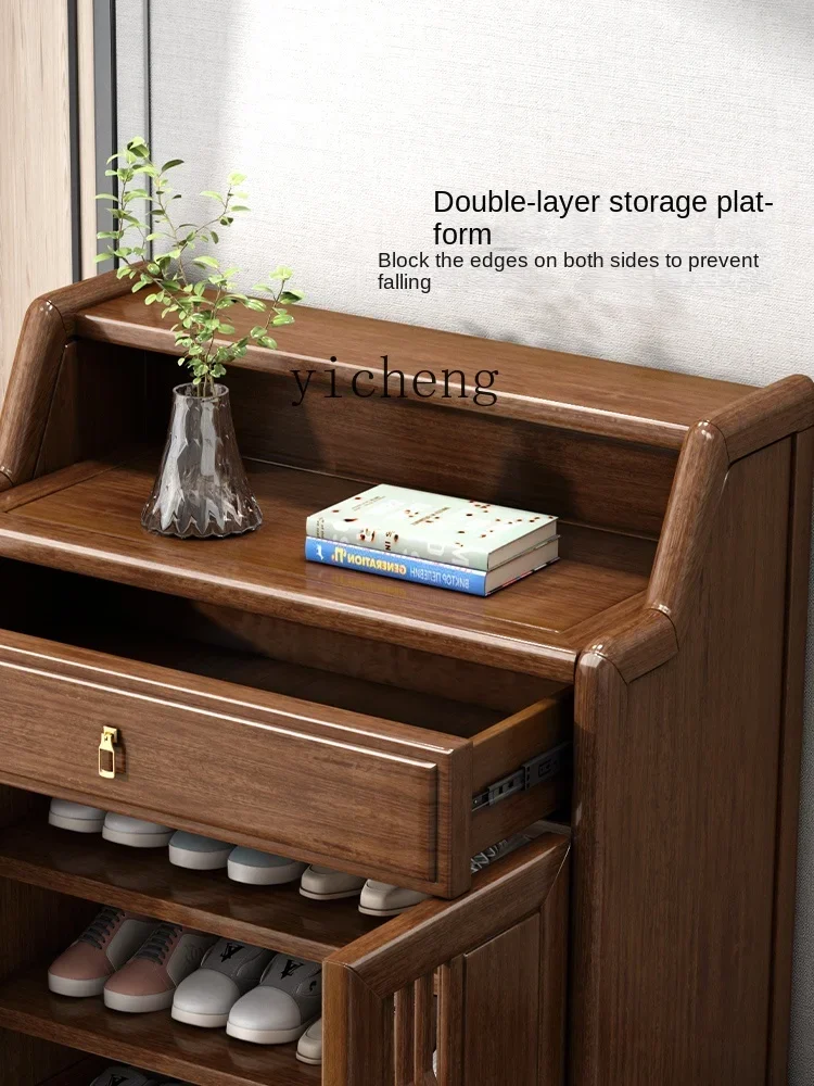 

TQH Solid Wood Entry Door Shoe Cabinet Walnut Home Doorway Large Capacity Storage Rack