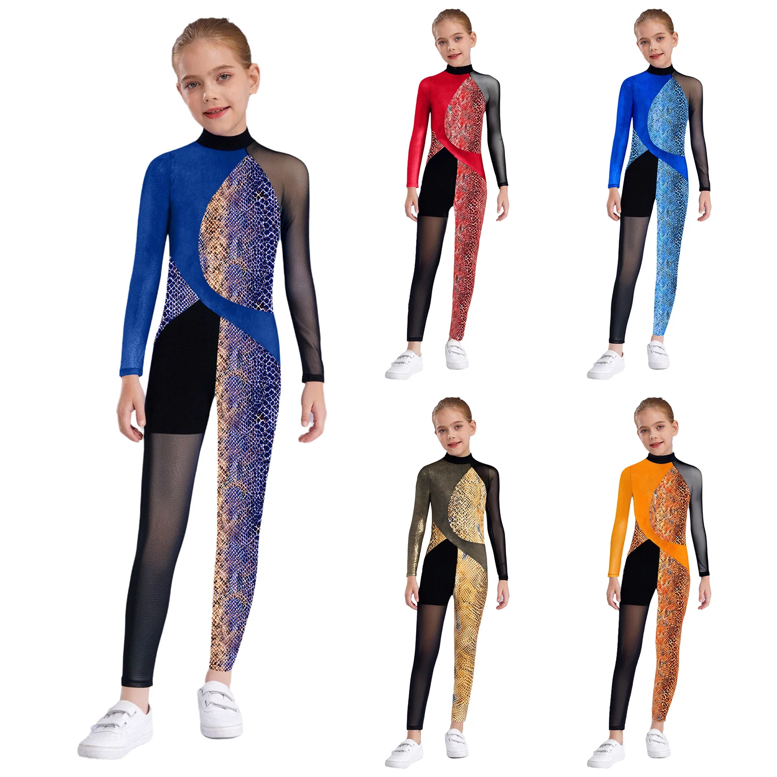 Kids Girls Ballet Gymnastics Jumpsuit Sports Leotard Long Sleeve Keyhole Back Metallic Snakeskin Color Block Patchwork Bodysuit