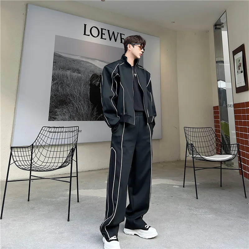 

New Fashionable Jacket Trousers Contrast Color Inlaid Rope Design Loose Casual Handsome suit mens clothes גברים אופנה קיץ 2022