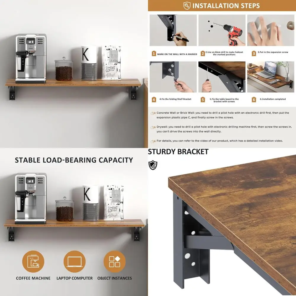 

Compact Heavy-Duty Wall-Mounted Folding Table, 30L x 20W, Ideal for Home Office, Laundry, Bar, Kitchen & Dining in Rustic Brown