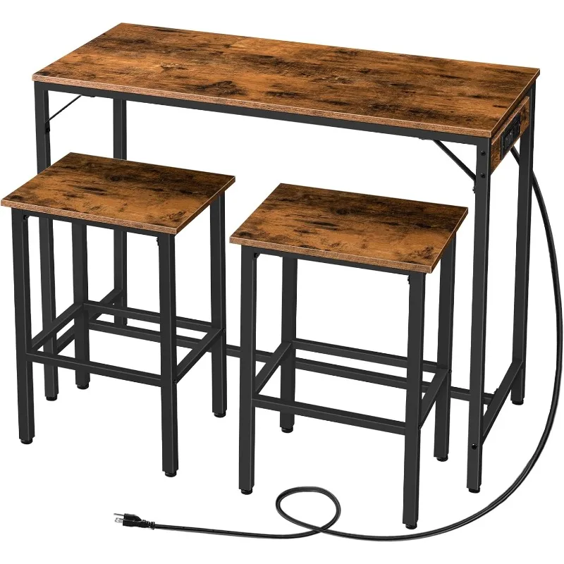 Bar Table Set with Power Outlet, 3-Piece Pub Table Set for Small Space, Kitchen Bar Height Table with Stools of 2, Rustic Brown