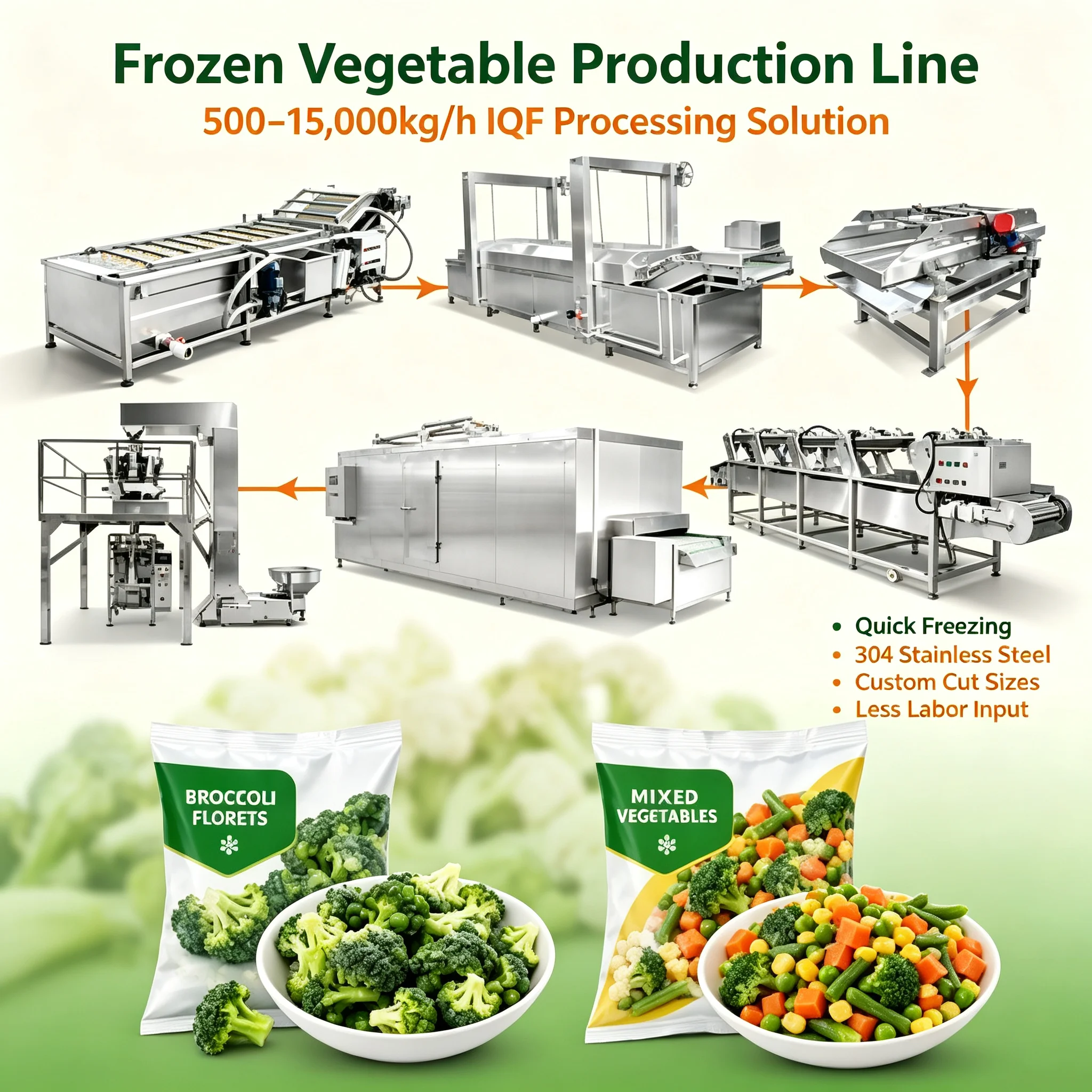 Hygienic Food‑Safe Unit For IQF Frozen Vegetable Production Line Fruit Vegetable Frozen Processing Easy‑clean Manufacturing Gear