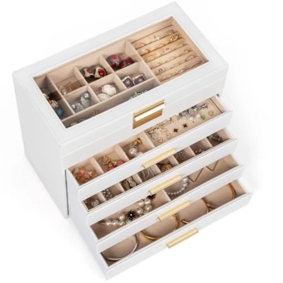 5-Tier Jewelry Box with Clear Glass Lid Functional Leather Jewelry Storage Organizer Case 4 Drawers for Women Girls Necklace Ri