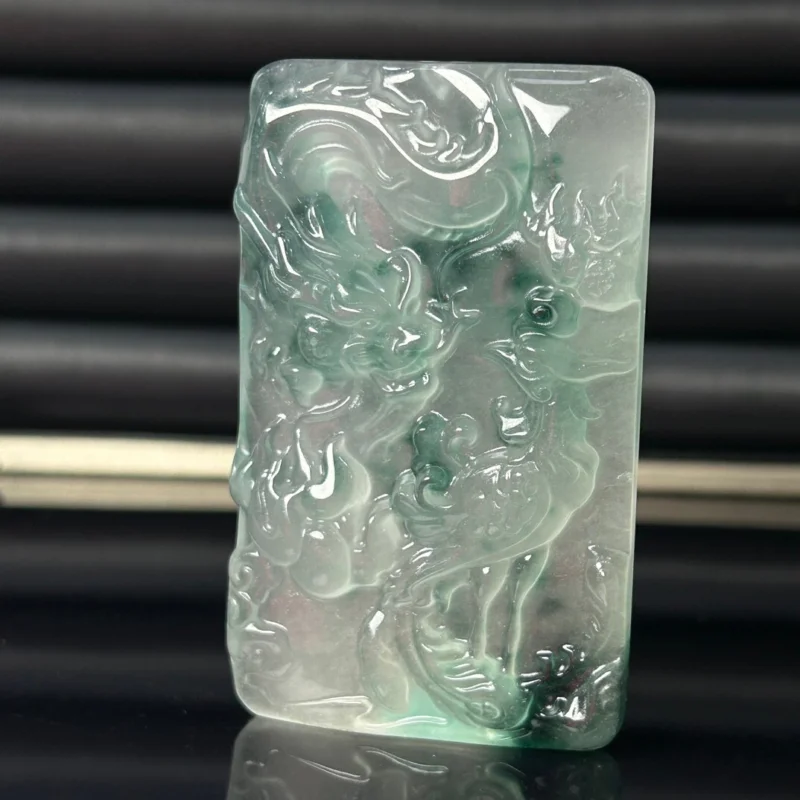 

Certified Natural Ice Green jade Jadeite dragon phoenix Pendant&NecklacesDragon and Phoenix