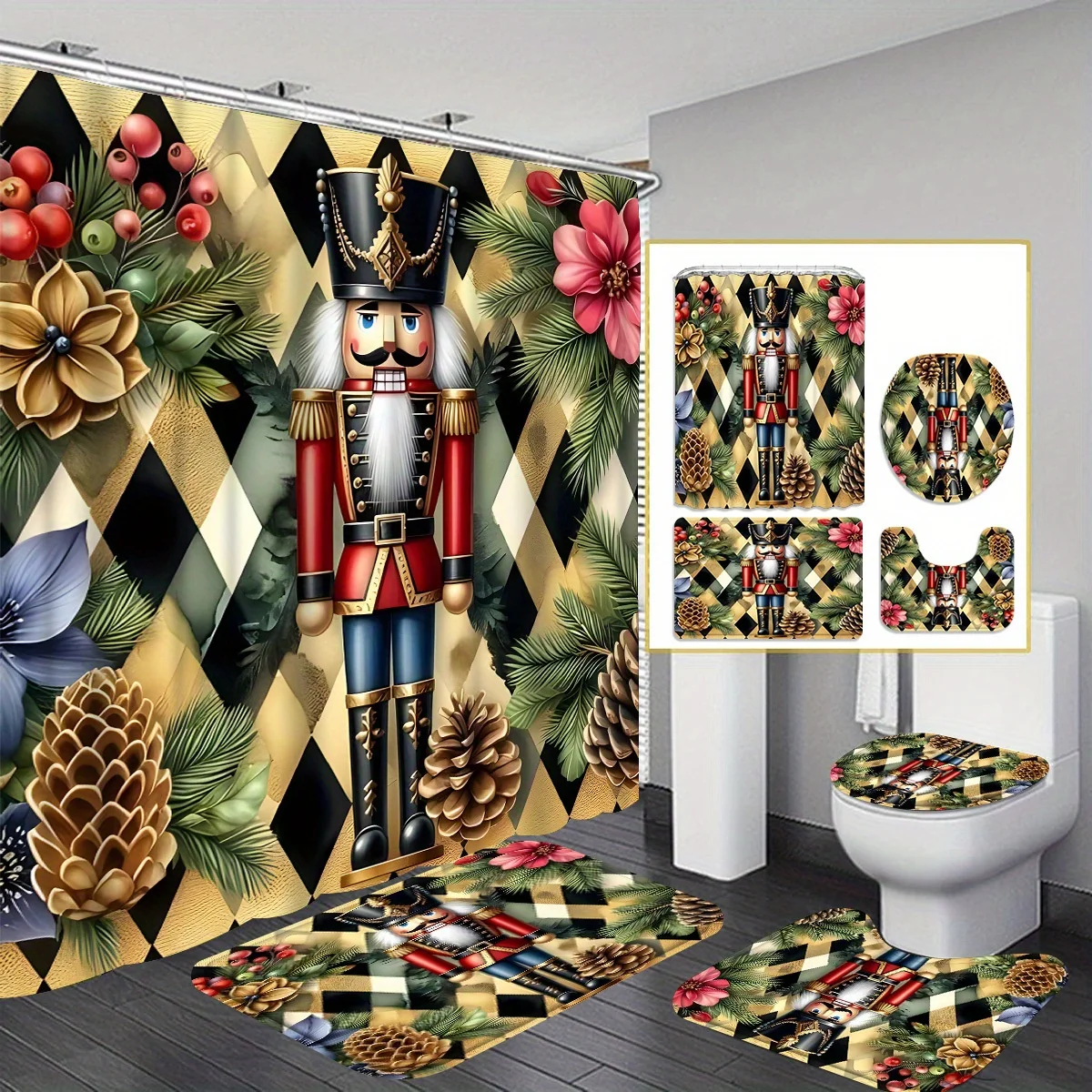 

4pcs Christmas Nutcracker Shower Curtain Set, Multicolor Winter Pattern Bathroom Decor , Non-Slip Mat & U-Shape Toilet Cover