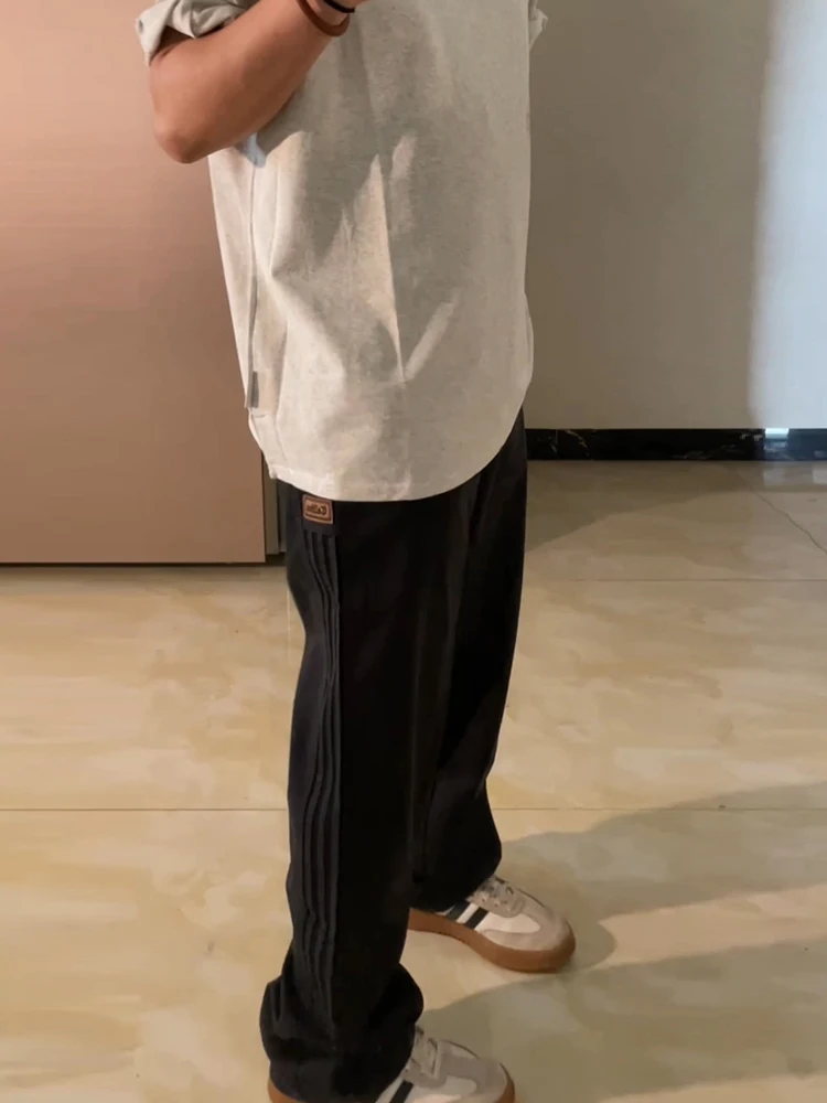 

Teenage Spor Straight Leg Pants with Side Stripes for Plump Boys American High Street Ootd Casual Cotton Polyester Blend Su...