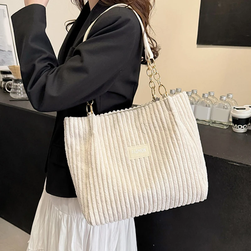 Fashion Corduroy Tote Bag Solid Color Shoulder Bag Women's Casual Handbag For Commute Work Shopper Totes image 4
