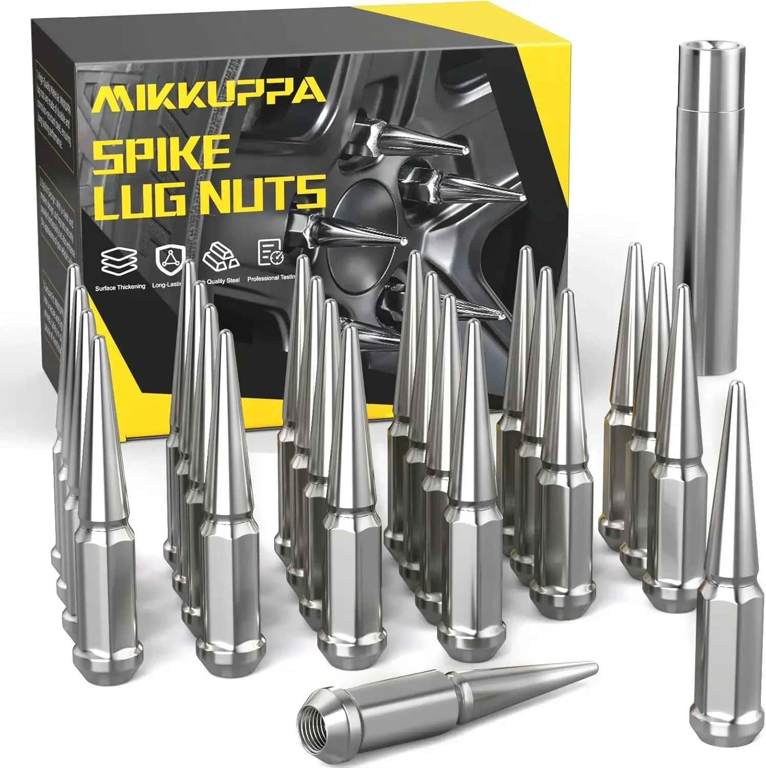 MIKKUPPA M14x1.5 Spike Lug Nuts, 24PCS Chrome Wheel Spiked Lug Nuts, Cone/Conical Bulge Seat, Silver Closed End Nuts