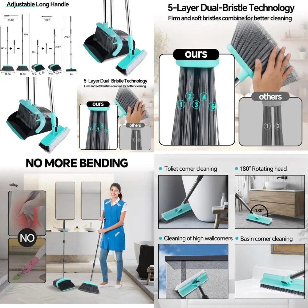 

Black Indoor/Outdoor Broom and Dustpan Set, Self-Cleaning with Teeth, Ideal for Smooth Floors in Kitchen and Bathroom