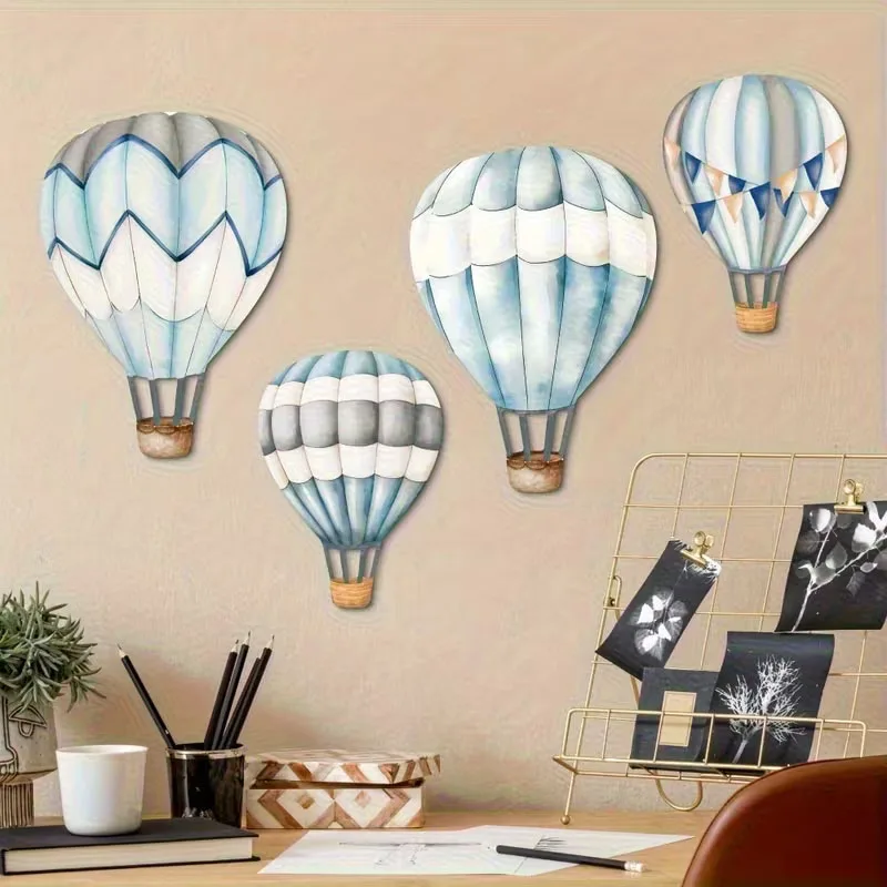 4Pcs Blue Hot Air Balloon Wall Art with Nano Tape, Nursery Wooden Wall Decor