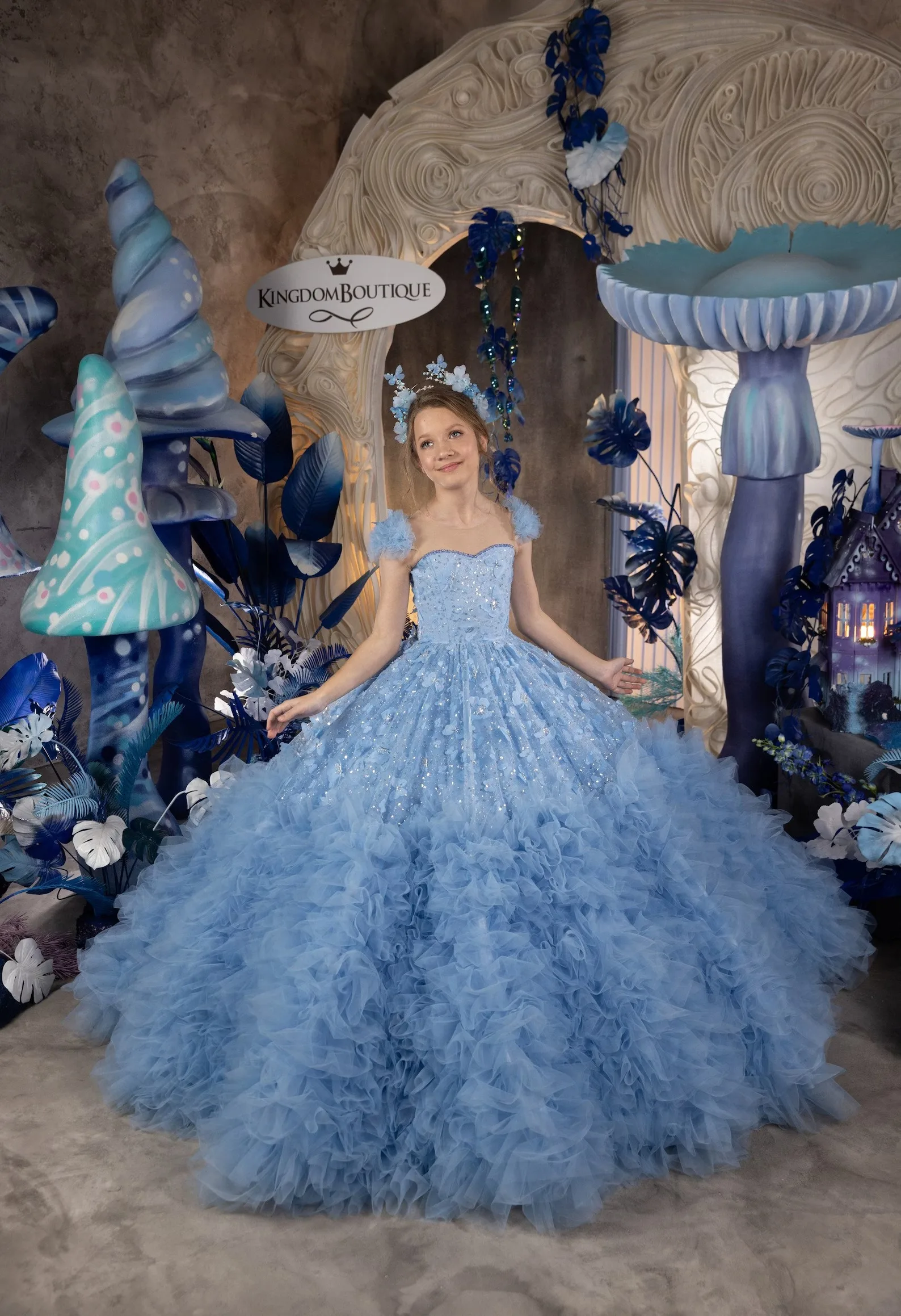 Custom Flower Girl Dress Wedding Gown Birthday Party Pageant Strapless 3D Floral Sequin Ruffled Tulle Ball Gown  