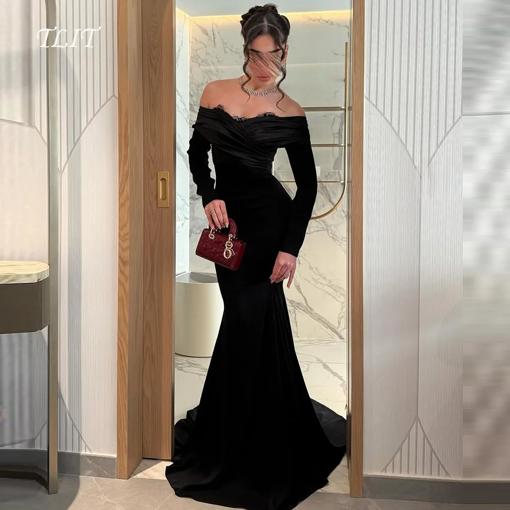 TLIT élégant dentelle noire en mousseline de soie sirène robes de soirée personnalisé فساتmaveraépaules dénudées manches longues robes de bal