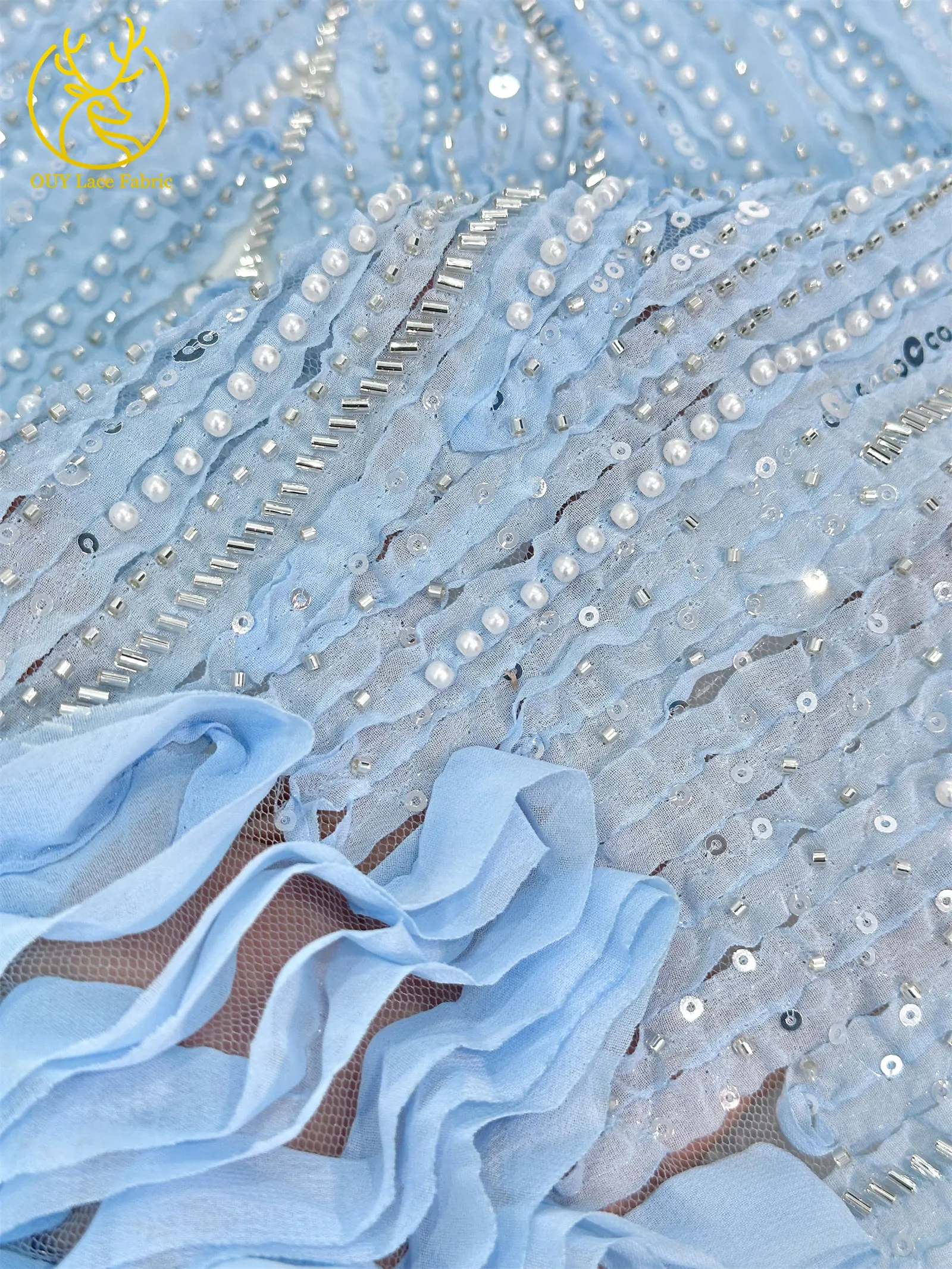 3D Mode Nigerianischer Mesh-Tüll-Spitzenstoff 2026 Französischer Handgefertigter Perlen-Pailletten-Spitzenstoff für Damen Party Hochzeitskleid Nähen – Detail 13