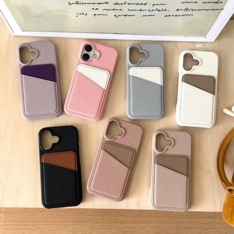 

New Suitable Multicolor Phone Case for iPhone 16pro Card Insertion 15pro Lychee Pattern 14plus Anti Drop 13 12 Protective Cover