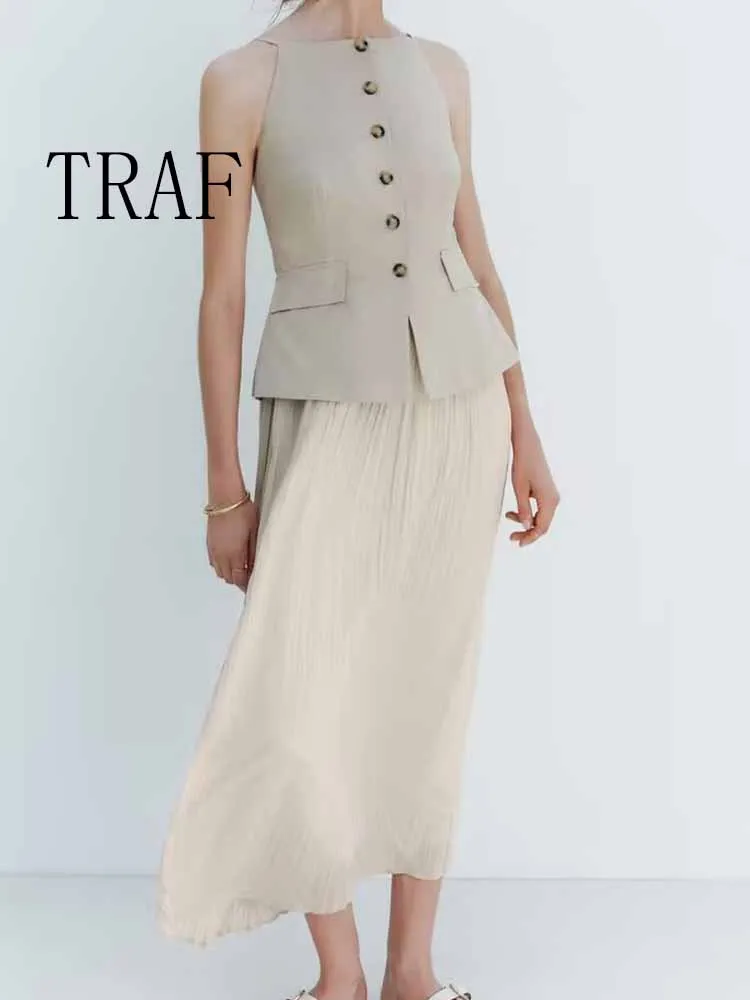

TRAF European and American style summer new fashion trend women's small pleated skirt midi vest long dress