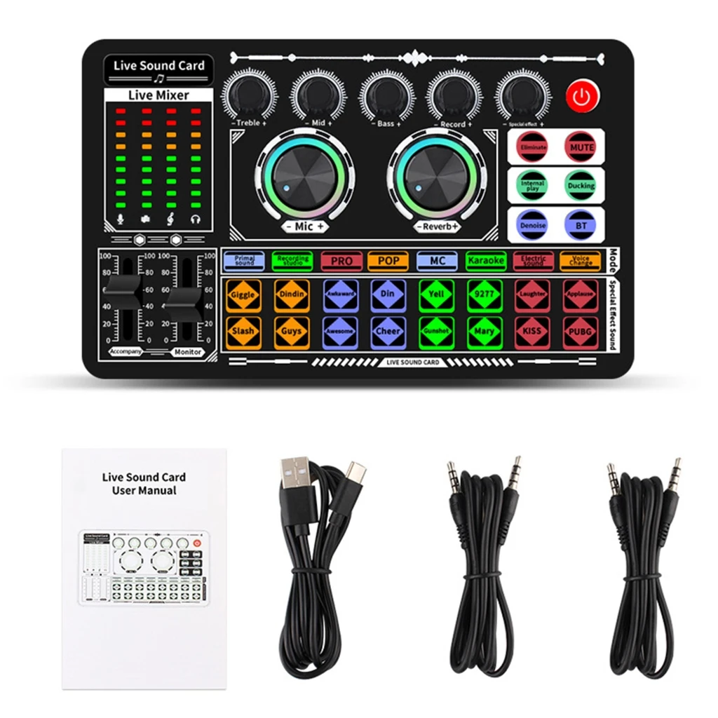 

Professional Live Sound Card with Noise Reduction Voice Changer And Lighting Effect USB Sound Mixer Board for Streaming
