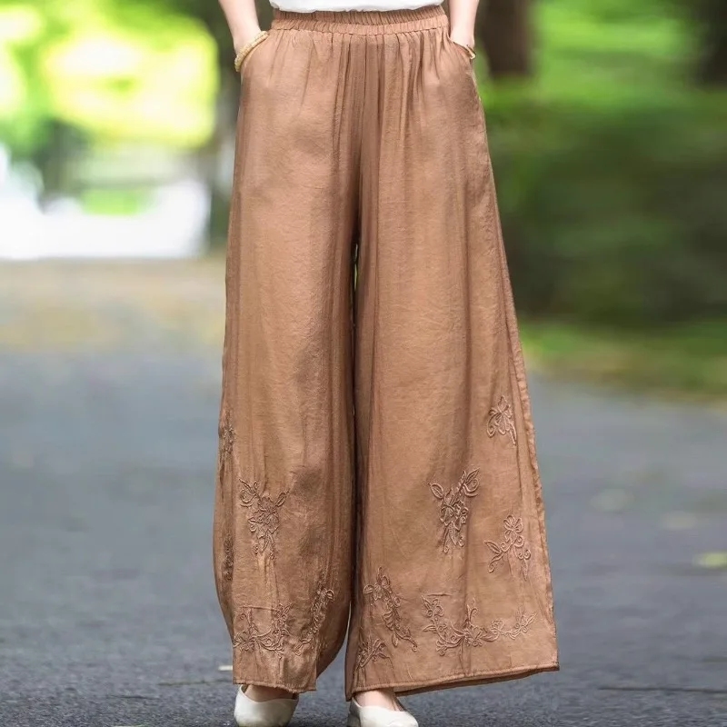 Oriental Style Embroidered Flare Pants Women Summer Breezy Elastic Waist Relaxed Loose Two Layer Leisure