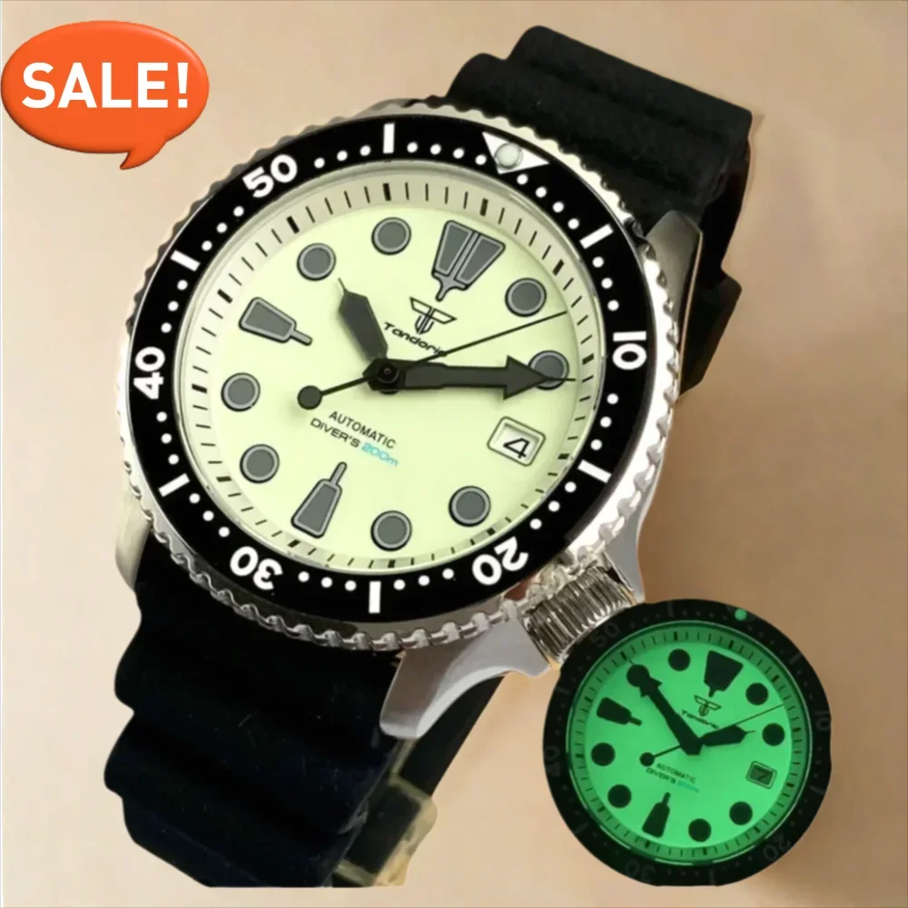 

Зеленые светящиеся серии SKX, 41 мм, дата Tandorio, 20 АТМ, 120 кликов, бежевый циферблат, сапфировое стекло, Япония, NH35, автоматические мужские часы для дайвинга