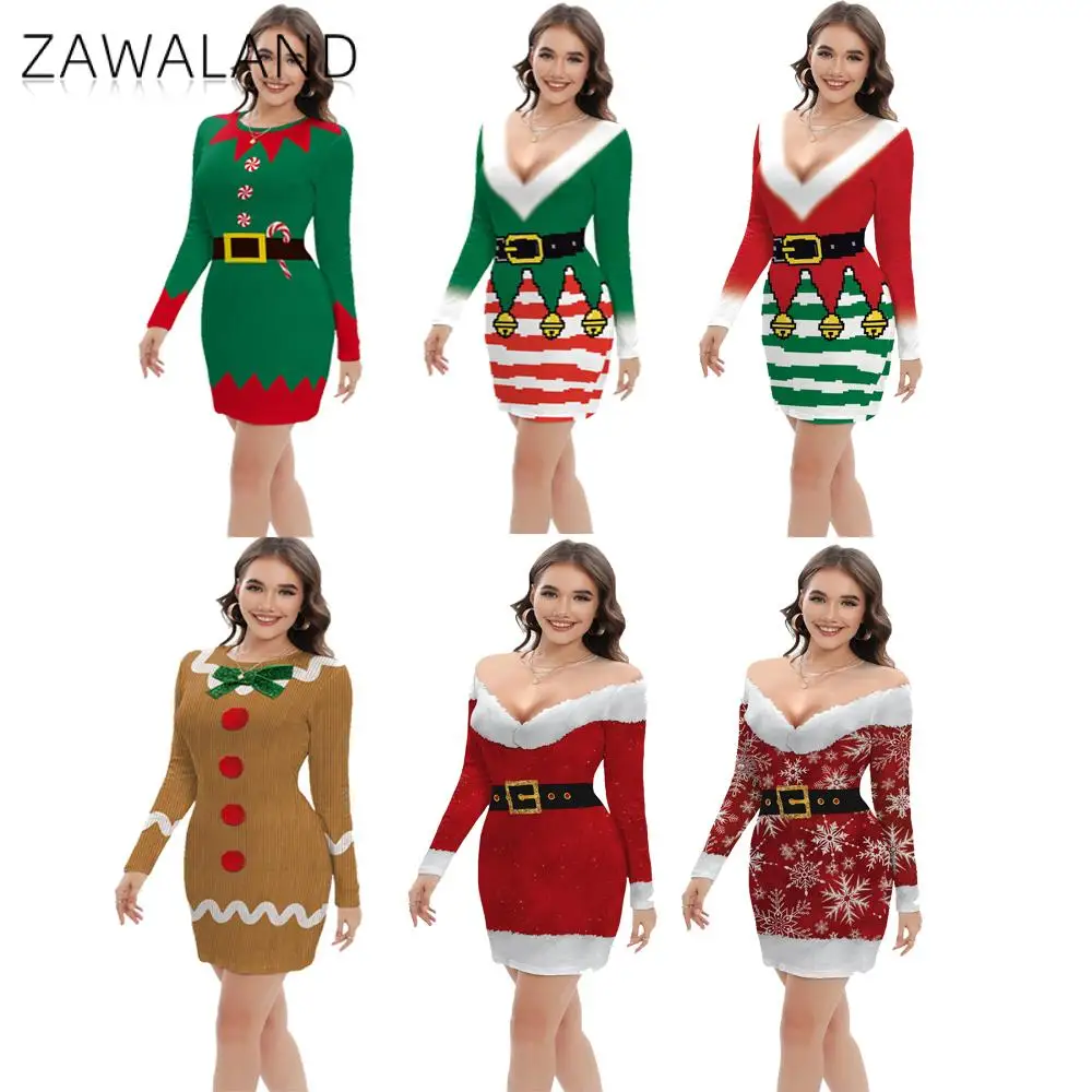 Santa Claus Cosplay Costume Women Dress Christmas Elf Dress Sexy Halloween Xmas Girls Dress Sheath 3D Printed Carnival Gown