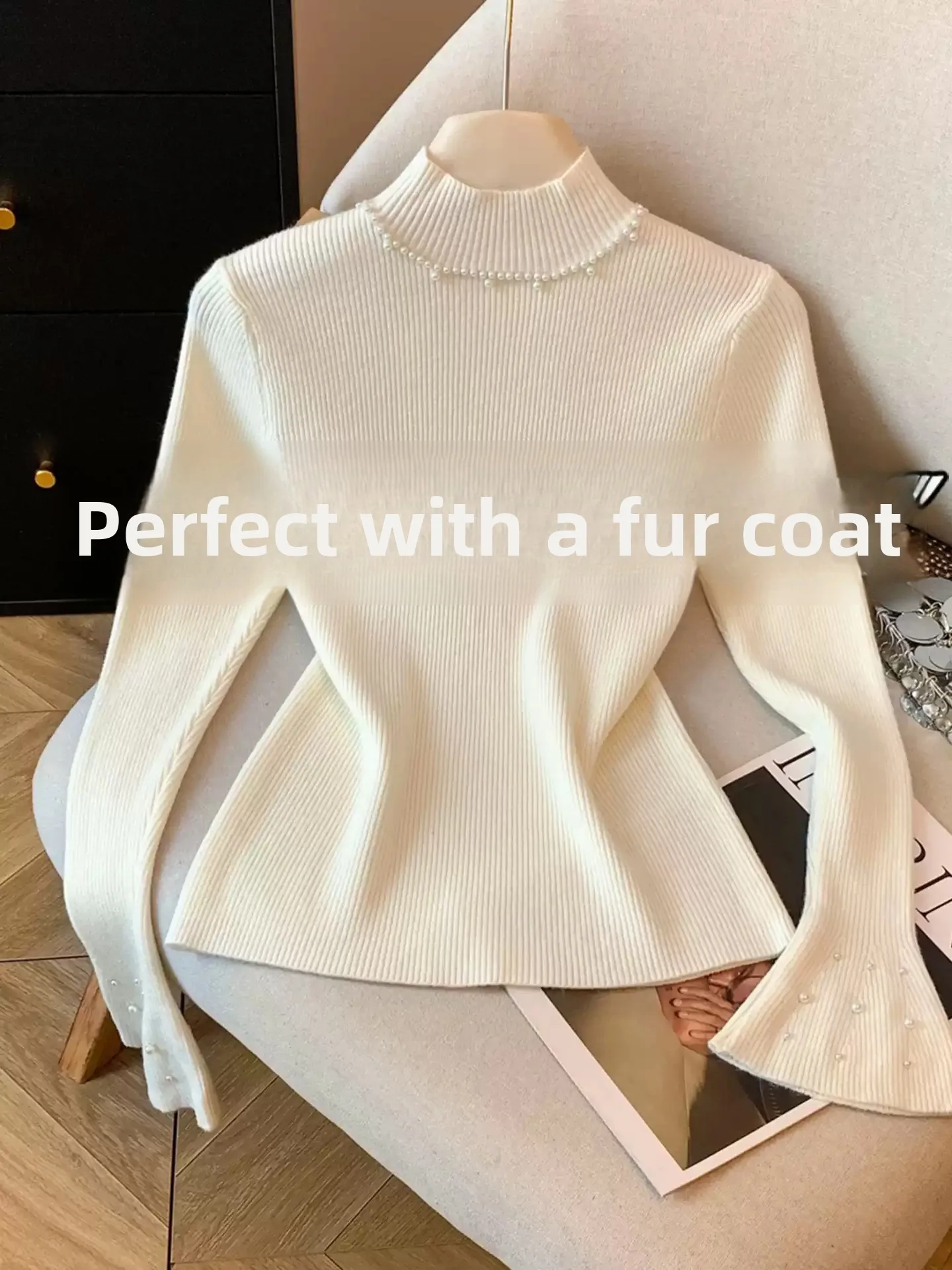 여성 니트 베이스 하이 칼라 퍼 이너웨어 미디 스웨터 독특하고 아름다운 플레어드 스웨트 탑 출퇴근룩 슬레 코리...