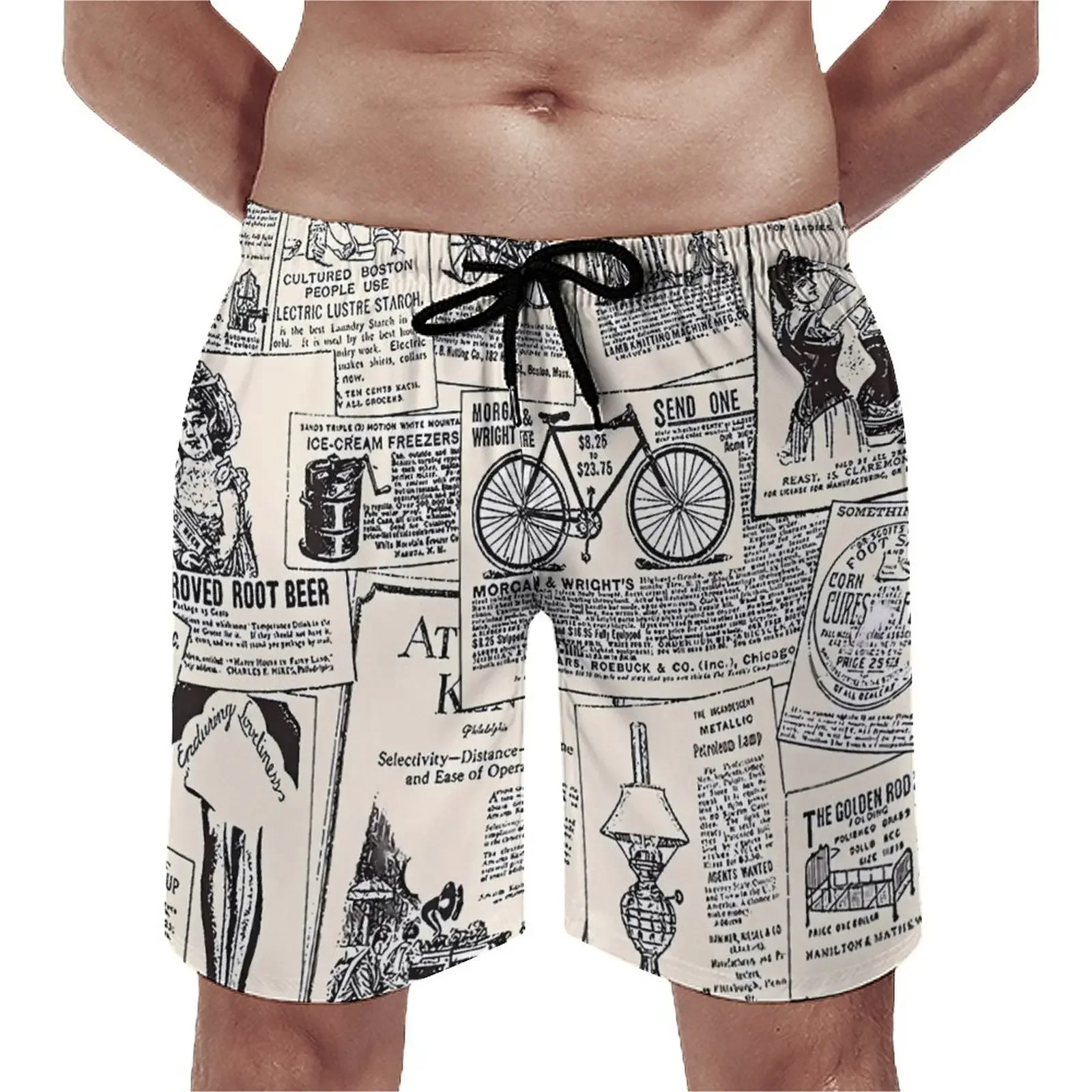 Vintage Newspaper Board Shorts Letter Print Casual Beach Short Pants Sports Fitness Comfortable Swimming Trunks Birthday Gift